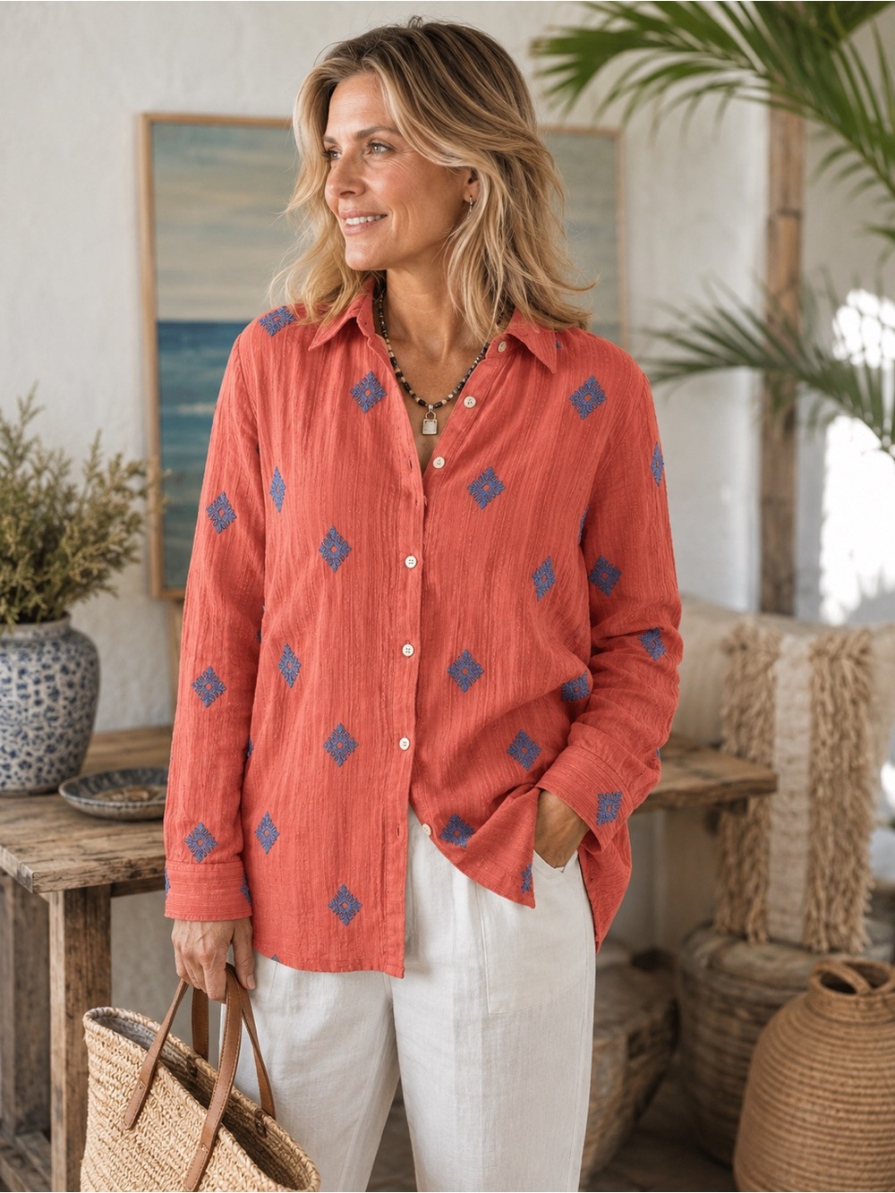 J. Jill Coral Button-Front Tunic with Blue Embroidered Motifs